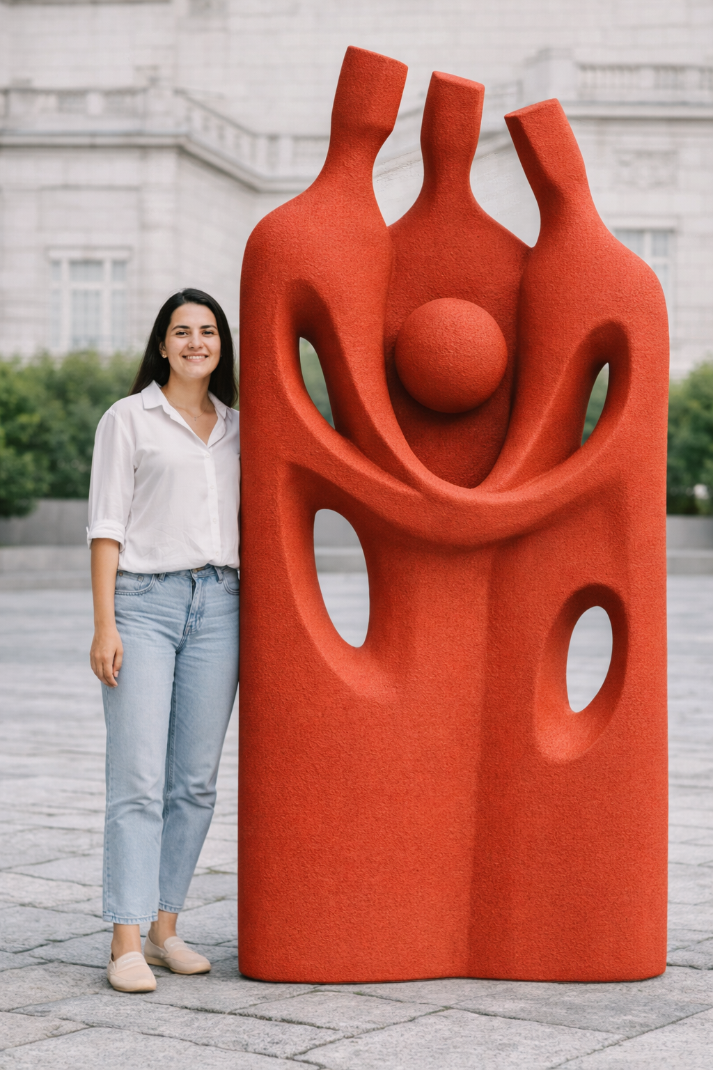Visitor standing beside the No poverty sculpture